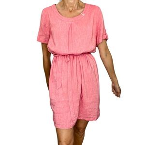 Damart France linen blend pink round neck short sleeve belted midi dress 14